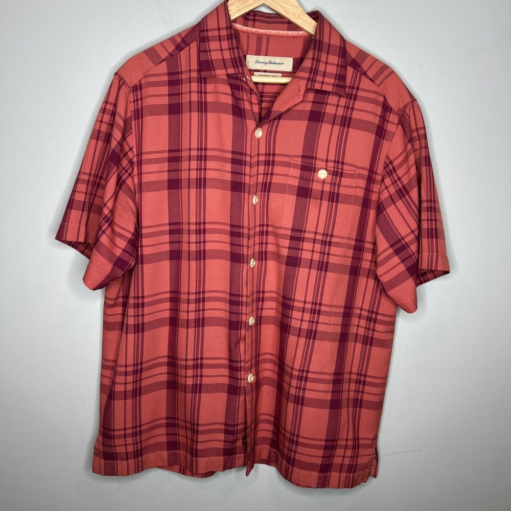Tommy Bahama Silk Camp Shirt Medium Red Plaid Original Fit Sample Tropical